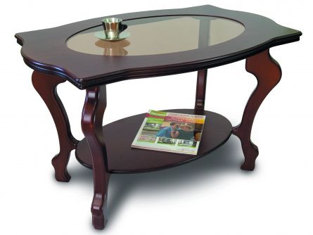 Coffee table Berger 001498, dark brown color, materials beech, glass, mdf, oak veneer